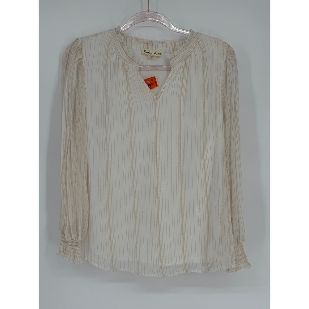 Indigo Rose Womens PM Blouse Top Striped Sheer Gold Long Sleeve Ruffle Neck